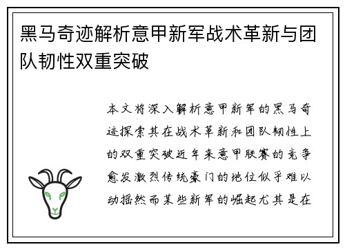 黑马奇迹解析意甲新军战术革新与团队韧性双重突破