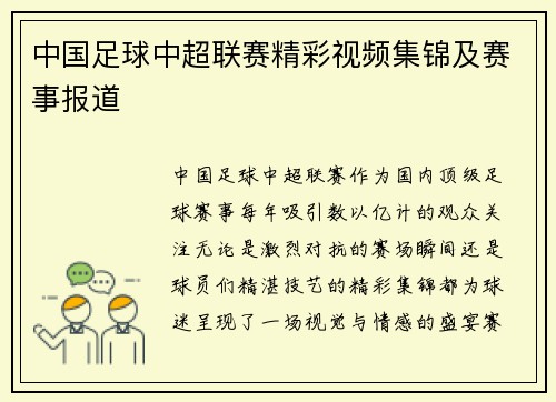 中国足球中超联赛精彩视频集锦及赛事报道
